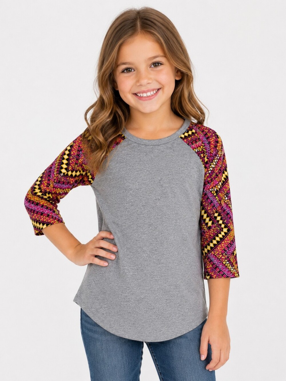 LuLaRoe Sloan Girls Size 8 Gray Raglan Baseball Tee Pink Tribal Geometric 3/4 Sl
